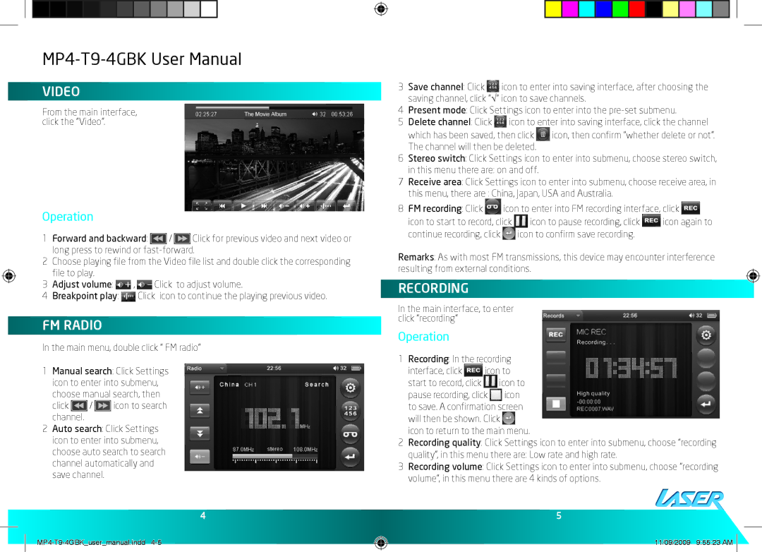 Laser MP4-T9-8GBK, MP4-T9-4GBK user manual Video, FM Radio, Recording 