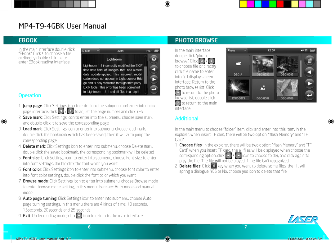 Laser MP4-T9-4GBK, MP4-T9-8GBK user manual Ebook, Photo Browse, Additional, Browse. Click, To return to the main interface 