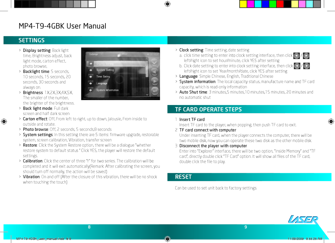 Laser MP4-T9-8GBK Settings, TF Card Operate Steps, Reset, Left/right icon to set hour/minute, click YES after setting 