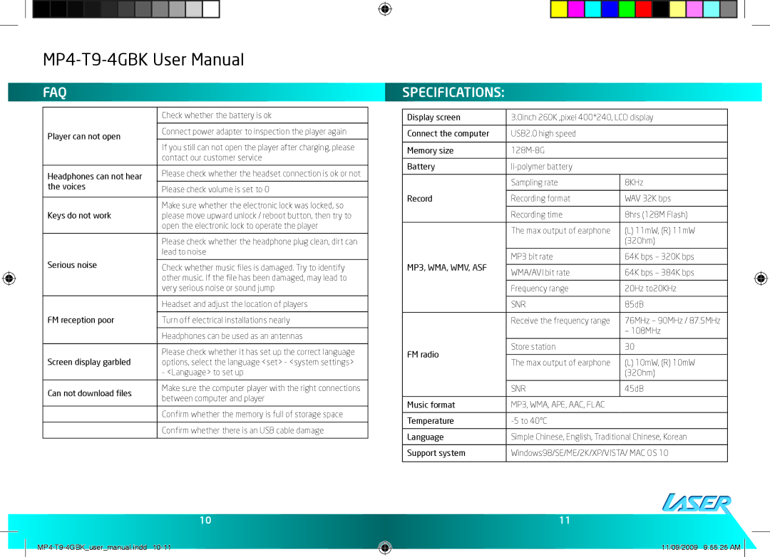 Laser MP4-T9-4GBK, MP4-T9-8GBK user manual Faq, Specifications 