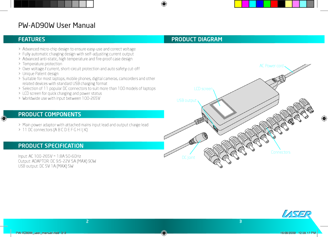 Laser PW-AD90W user manual Features, Product Components, Product Specification, Product Diagram 