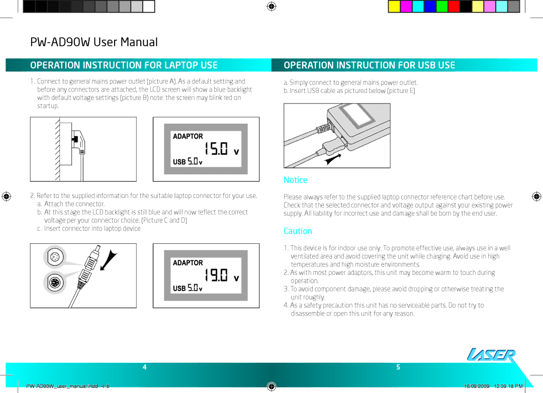 Laser PW-AD90W user manual Operation Instruction for Laptop USE, Operation Instruction for USB USE 