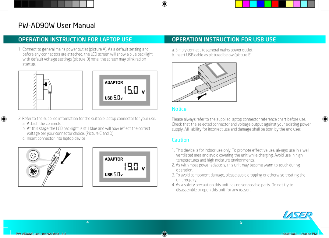 Laser user manual Operation Instruction For Laptop Use, Operation Instruction For Usb Use, PW-AD90W User Manual 