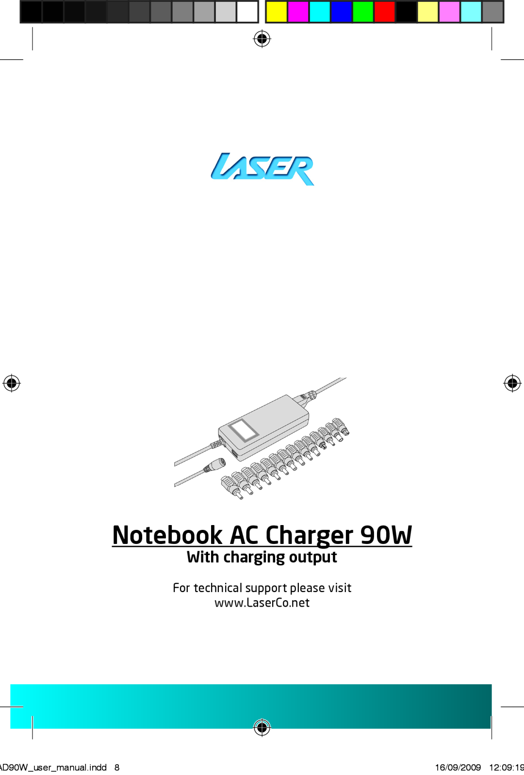 Laser PW-AD90W user manual Notebook AC Charger 90W, With charging output, AD90Wusermanual.indd, 16/09/2009 