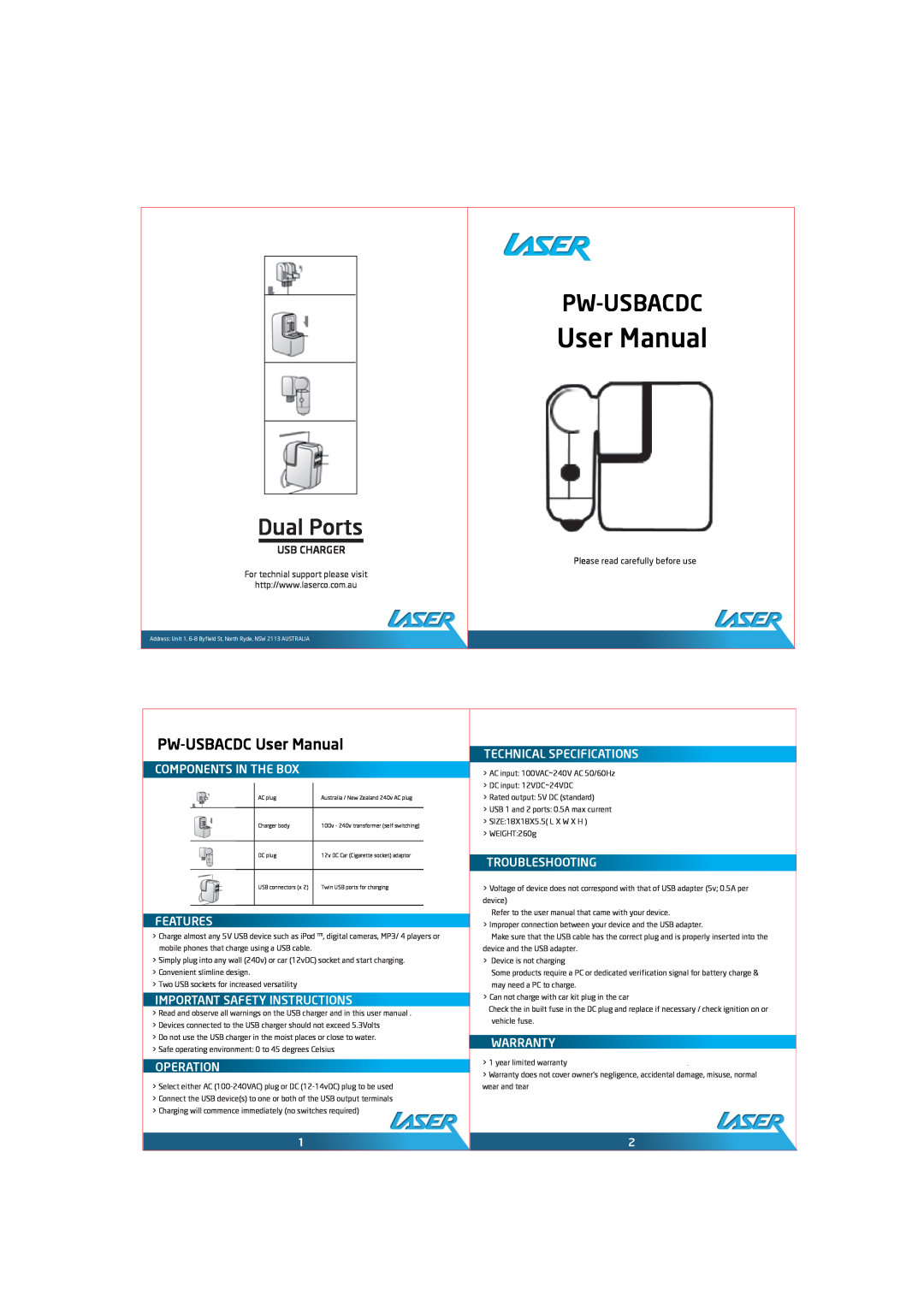 Laser user manual Pw-Usbacdc, Dual Ports, PW-USBACDC User Manual, Components In The Box, Features, Operation 