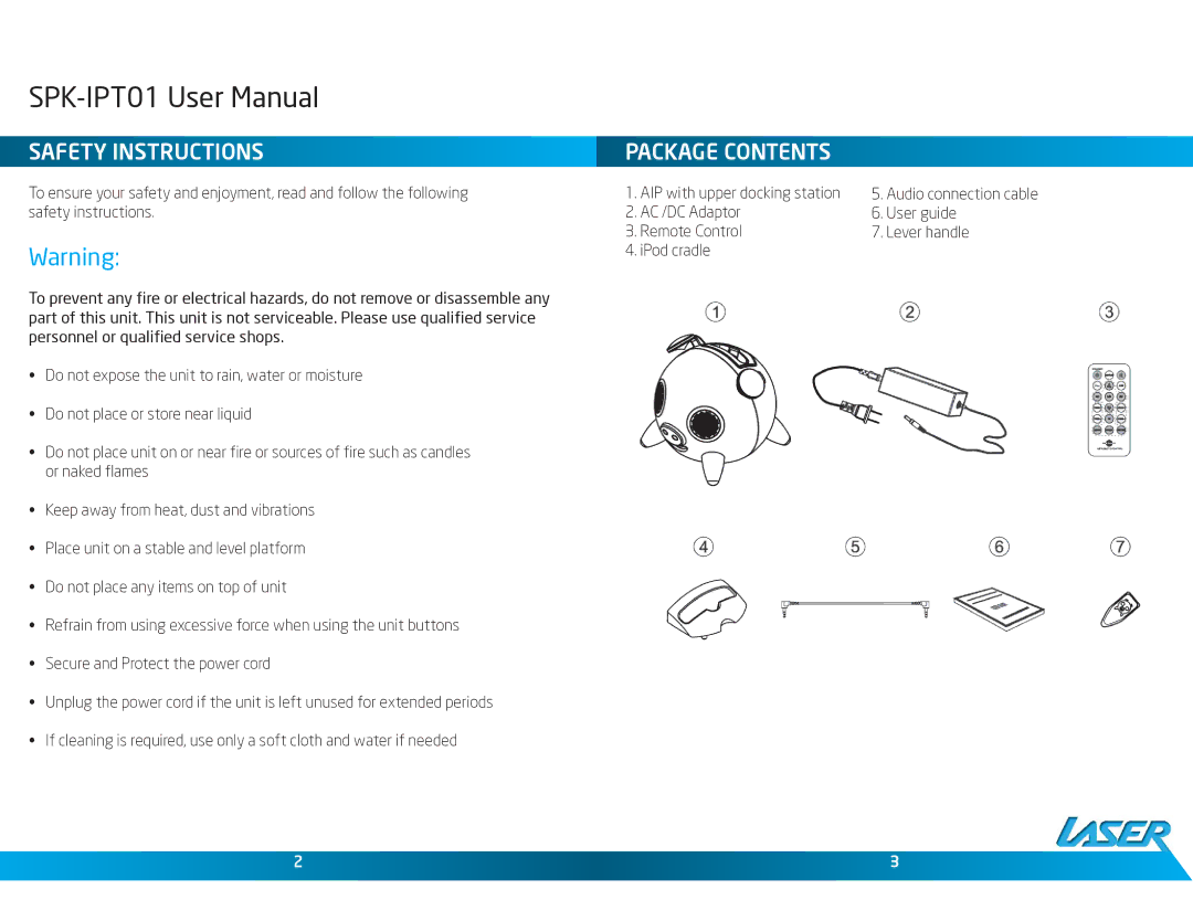 Laser SPK-IPT01 user manual Safety Instructions Package Contents 