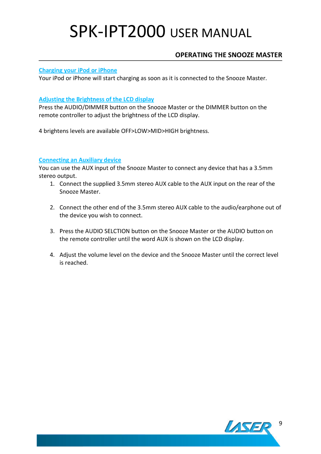 Laser SPK-IPT2000 user manual Charging your iPod or iPhone, Adjusting the Brightness of the LCD display 