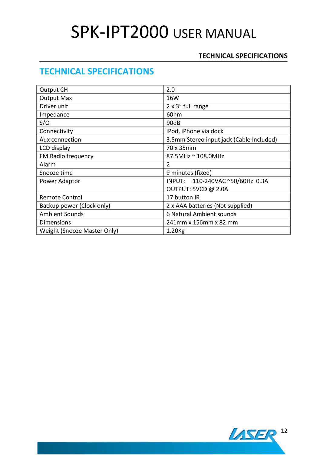 Laser SPK-IPT2000 user manual Technical Specifications, Output 5VCD @ 2.0A 