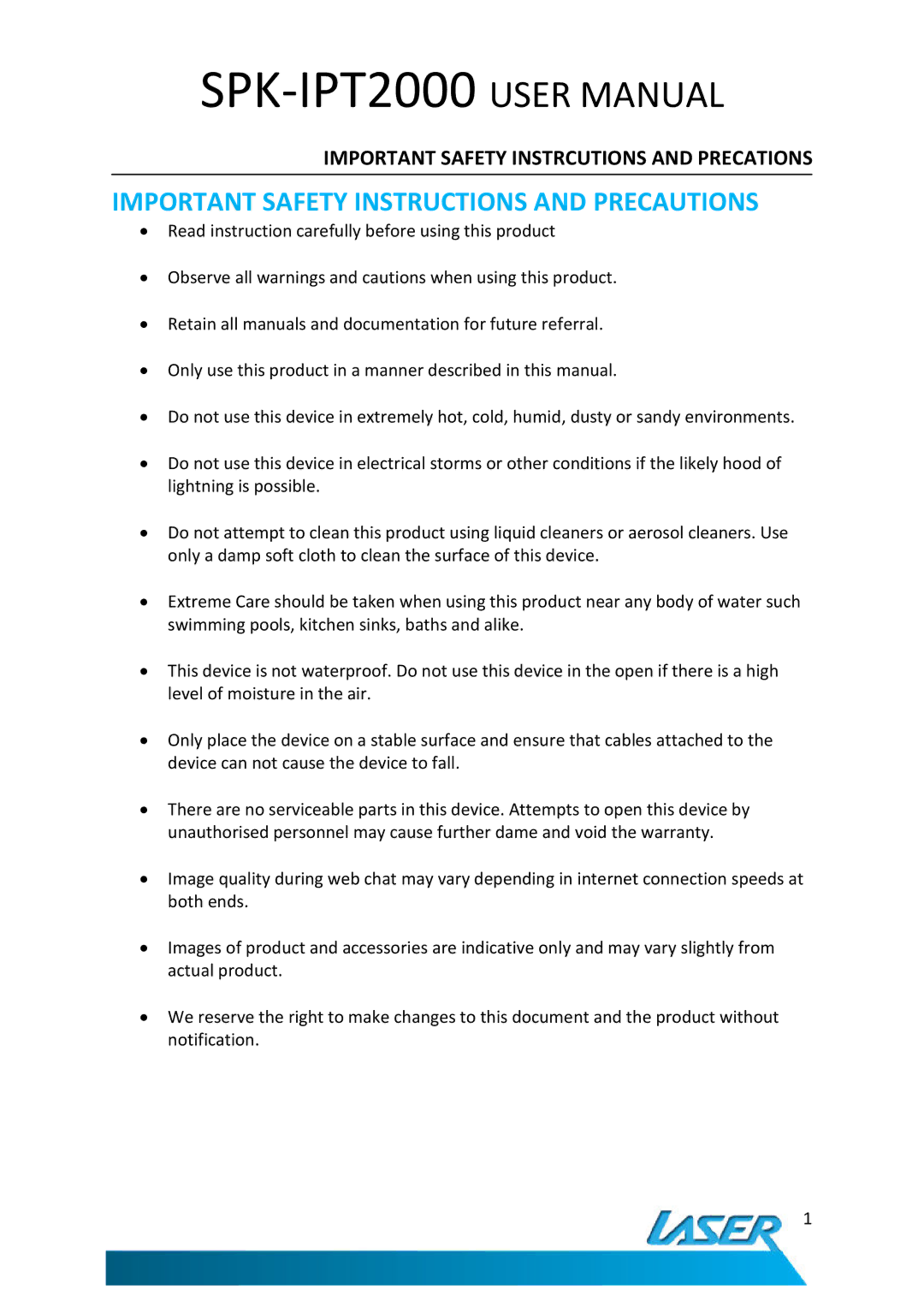 Laser SPK-IPT2000 user manual Important Safety Instructions and Precautions 
