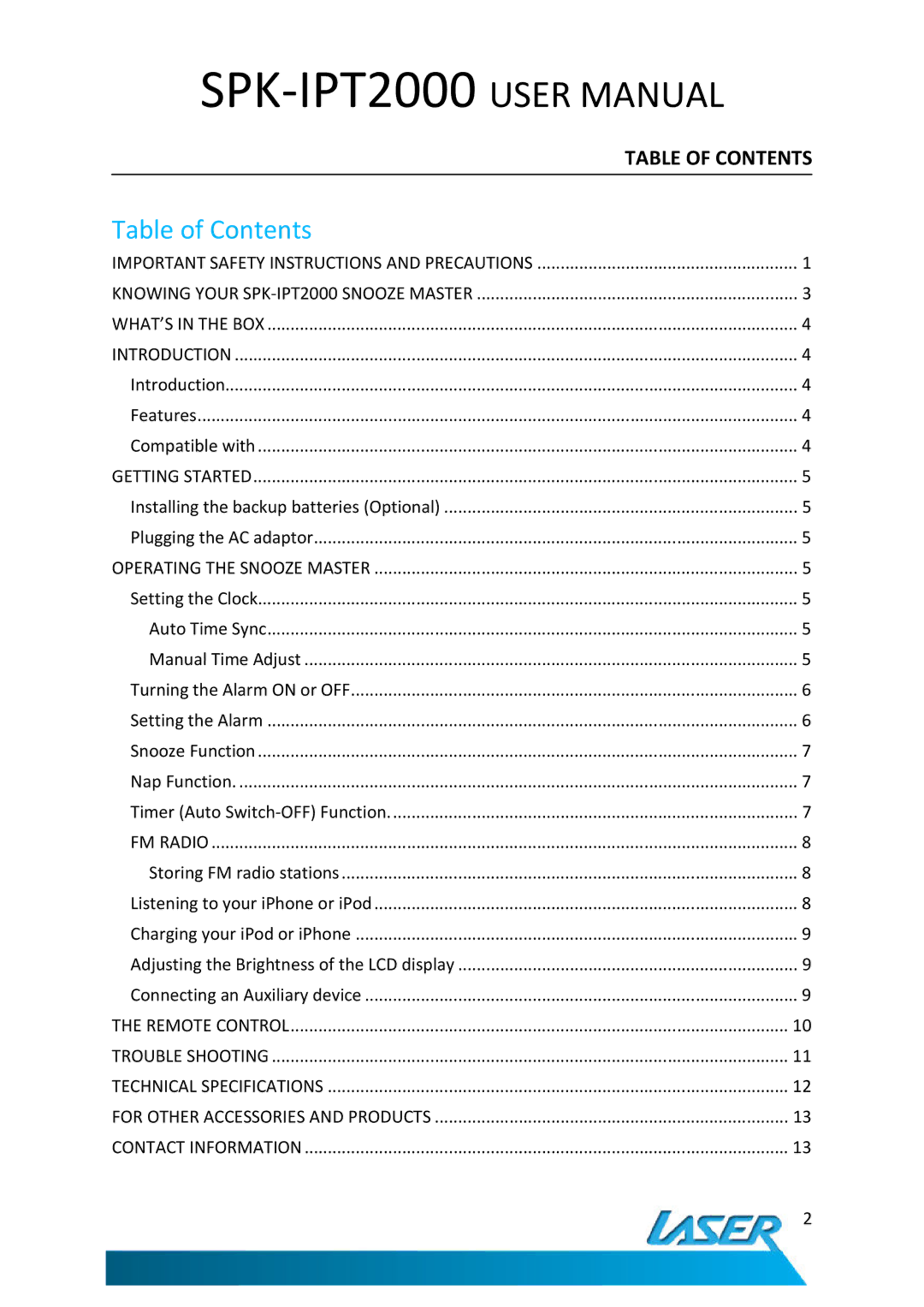 Laser SPK-IPT2000 user manual Table of Contents 