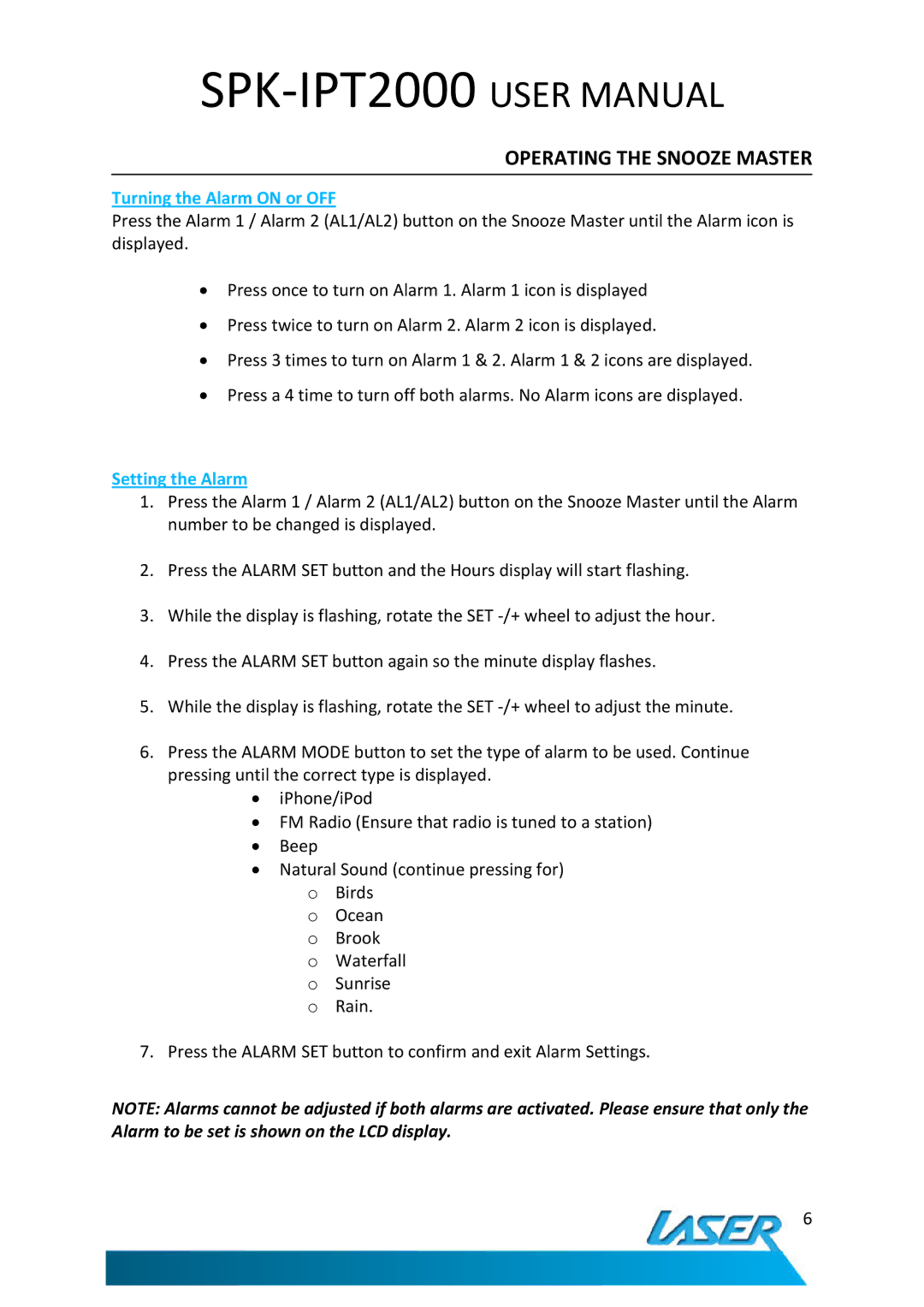 Laser SPK-IPT2000 user manual Turning the Alarm on or OFF, Setting the Alarm 