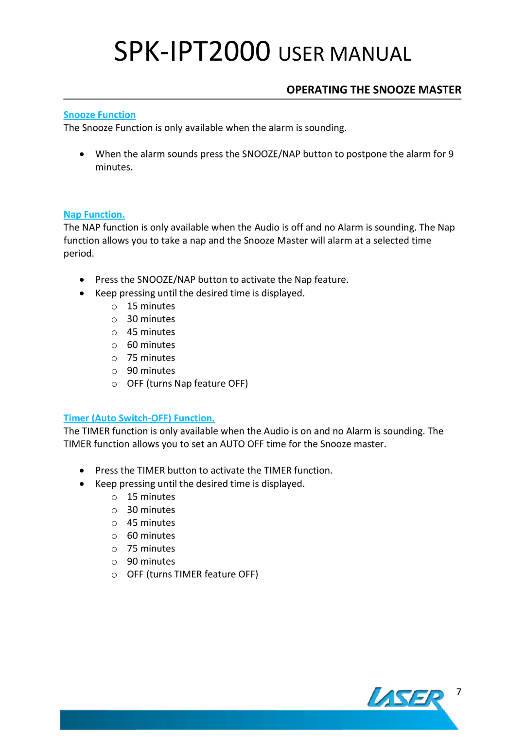 Laser SPK-IPT2000 user manual Snooze Function, Nap Function, Timer Auto Switch-OFF Function 