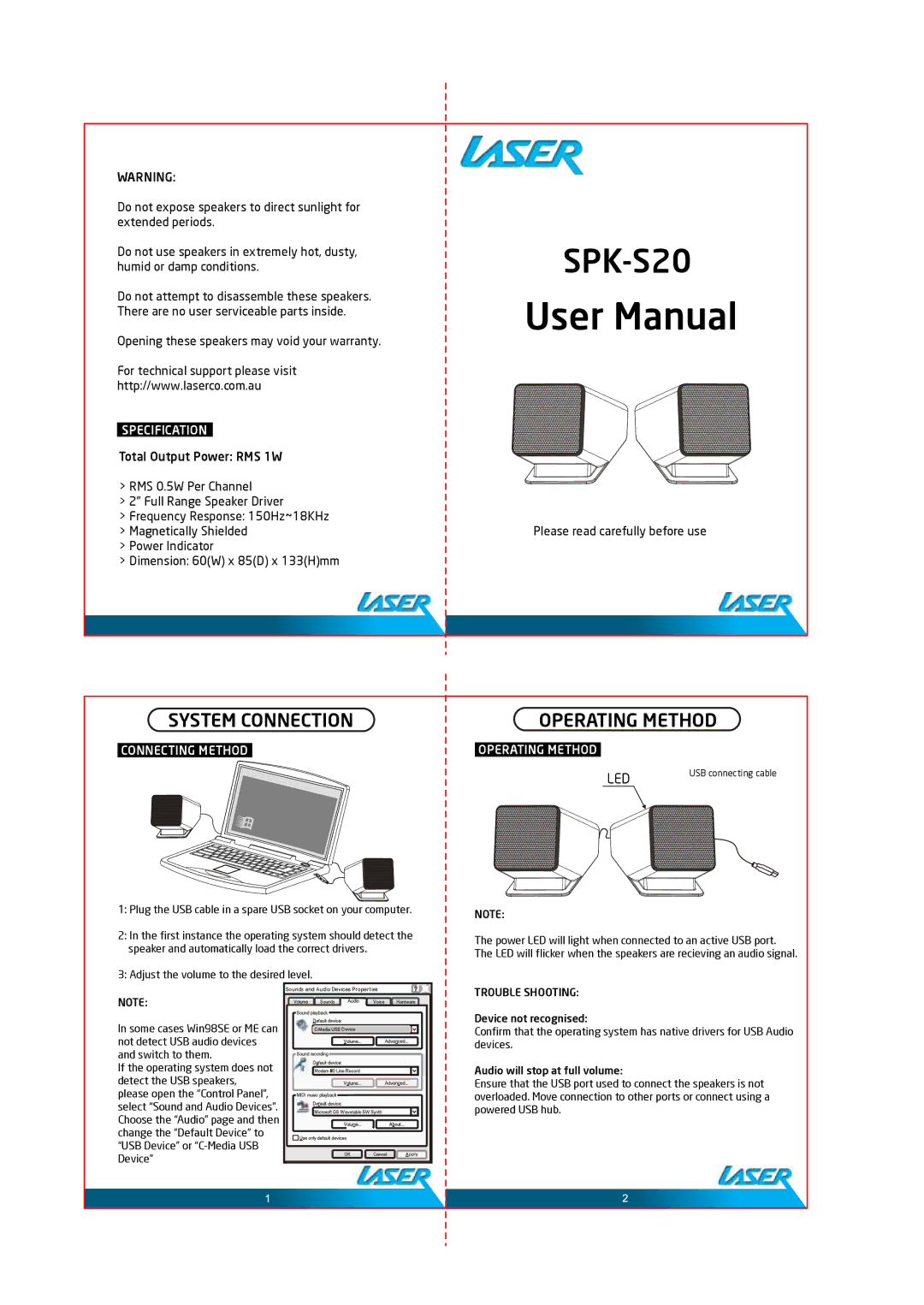 Laser SPK-S20 user manual System Connection, Operating Method, Led 