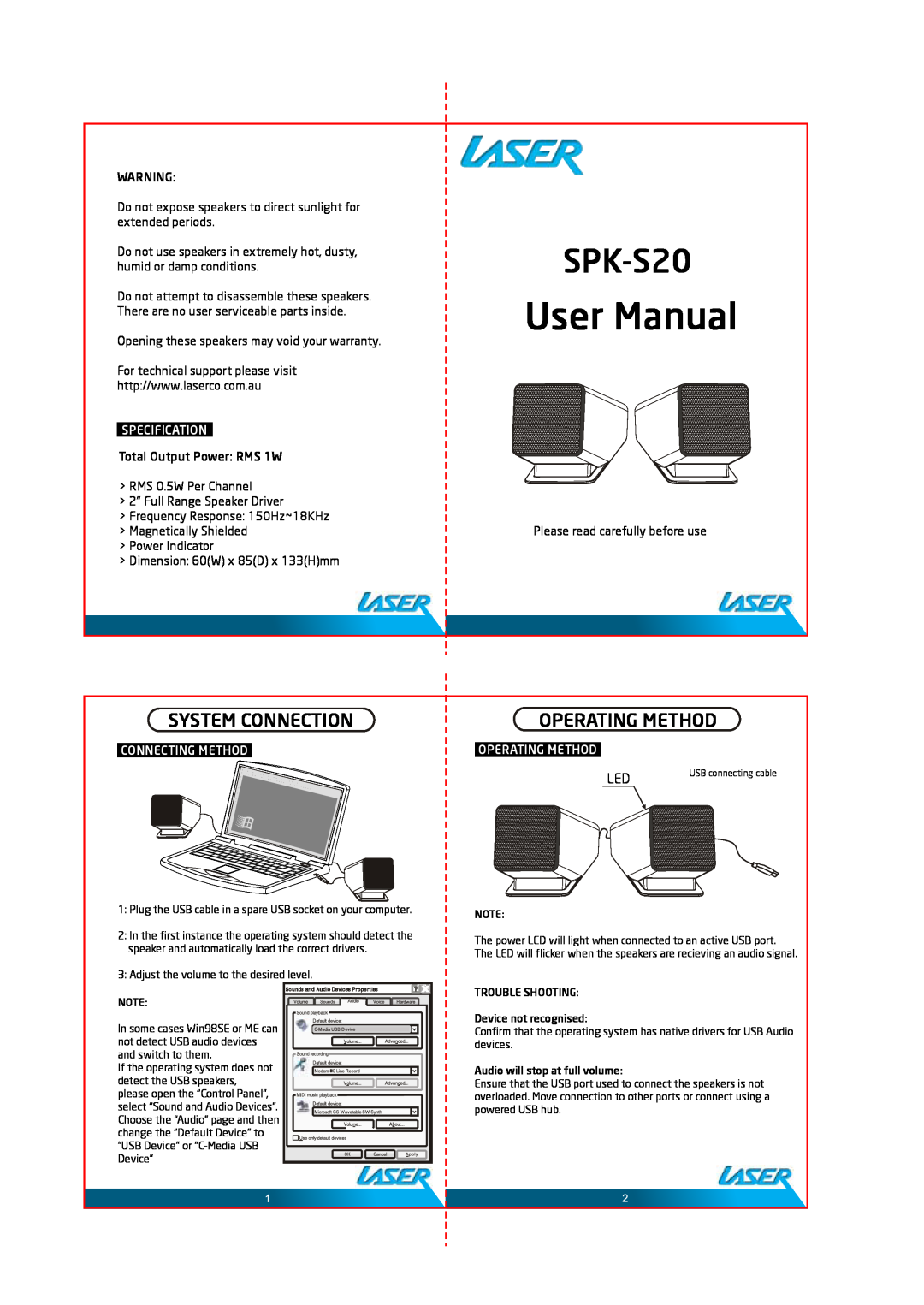 Laser SPK-S20 user manual User Manual, System Connection, Operating Method, Opening these speakers may void your warranty 
