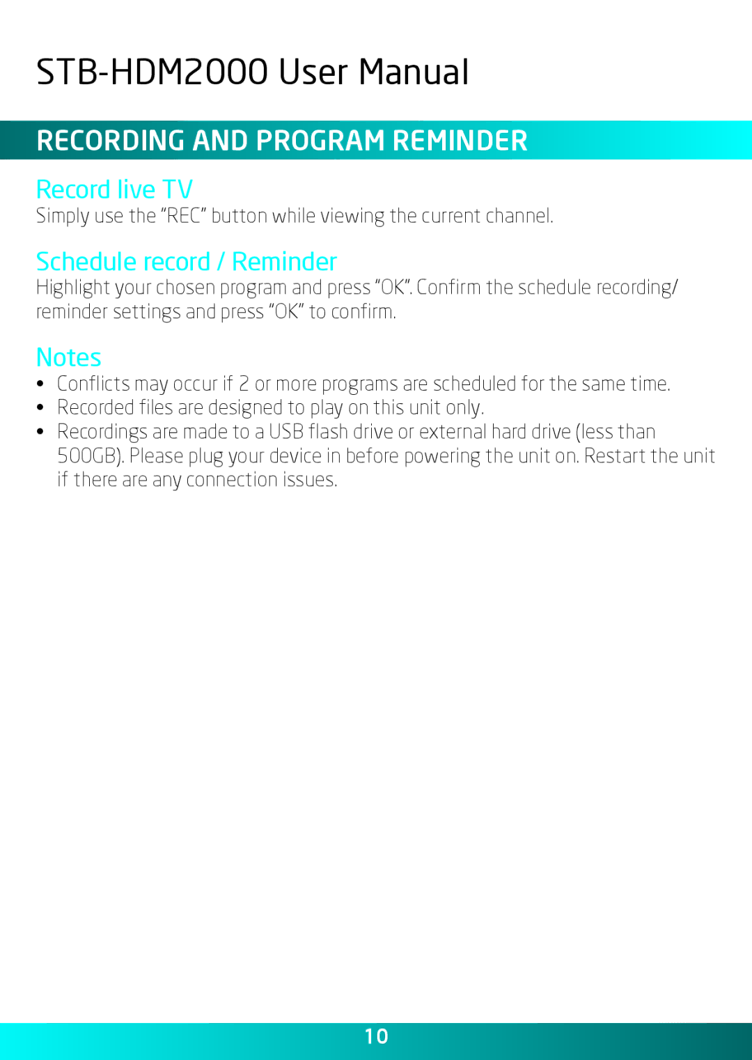 Laser STB-HDM2000 user manual Recording and program reminder, Record live TV, Schedule record / Reminder 