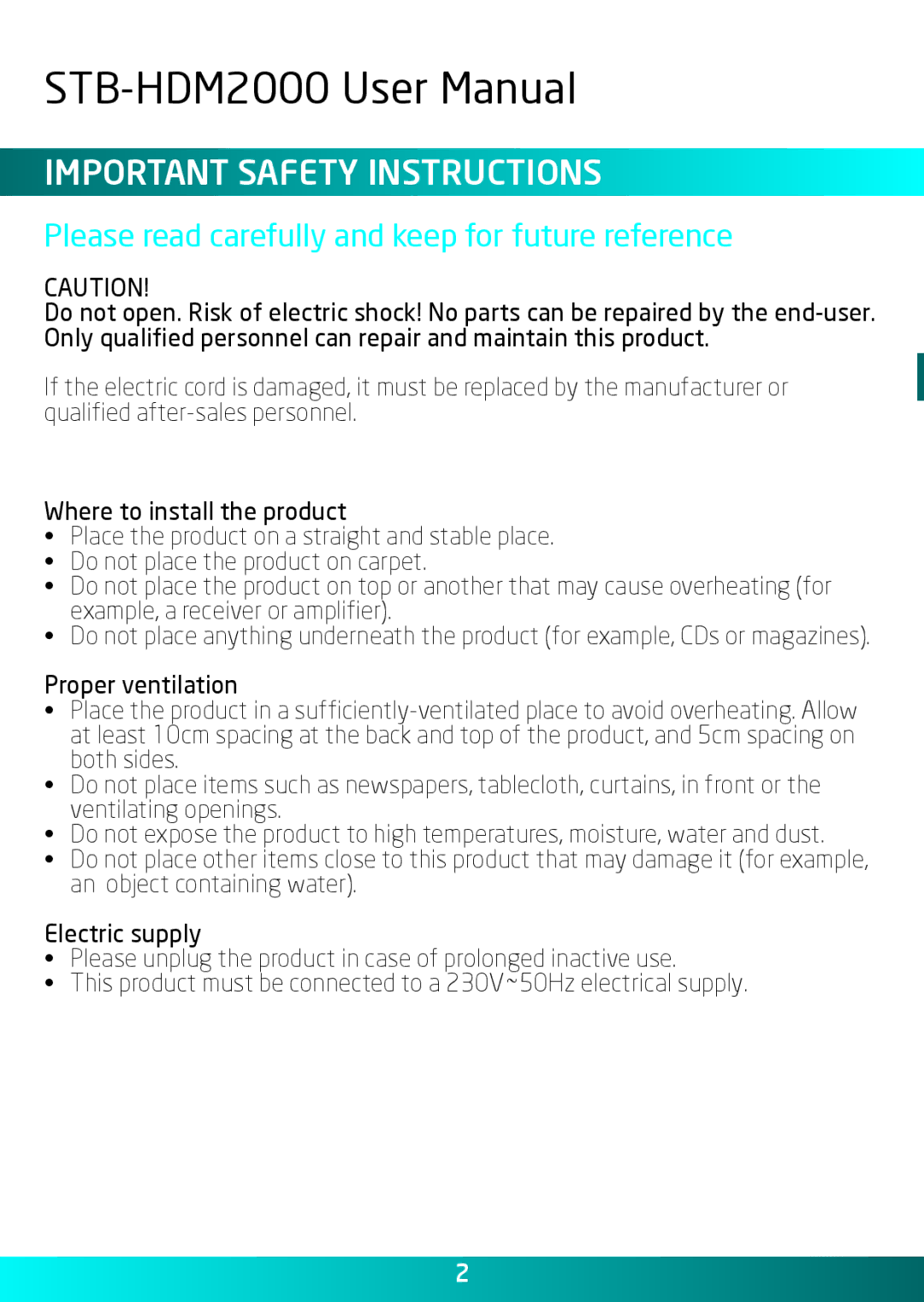 Laser STB-HDM2000 user manual Important safety instructions, Please read carefully and keep for future reference 