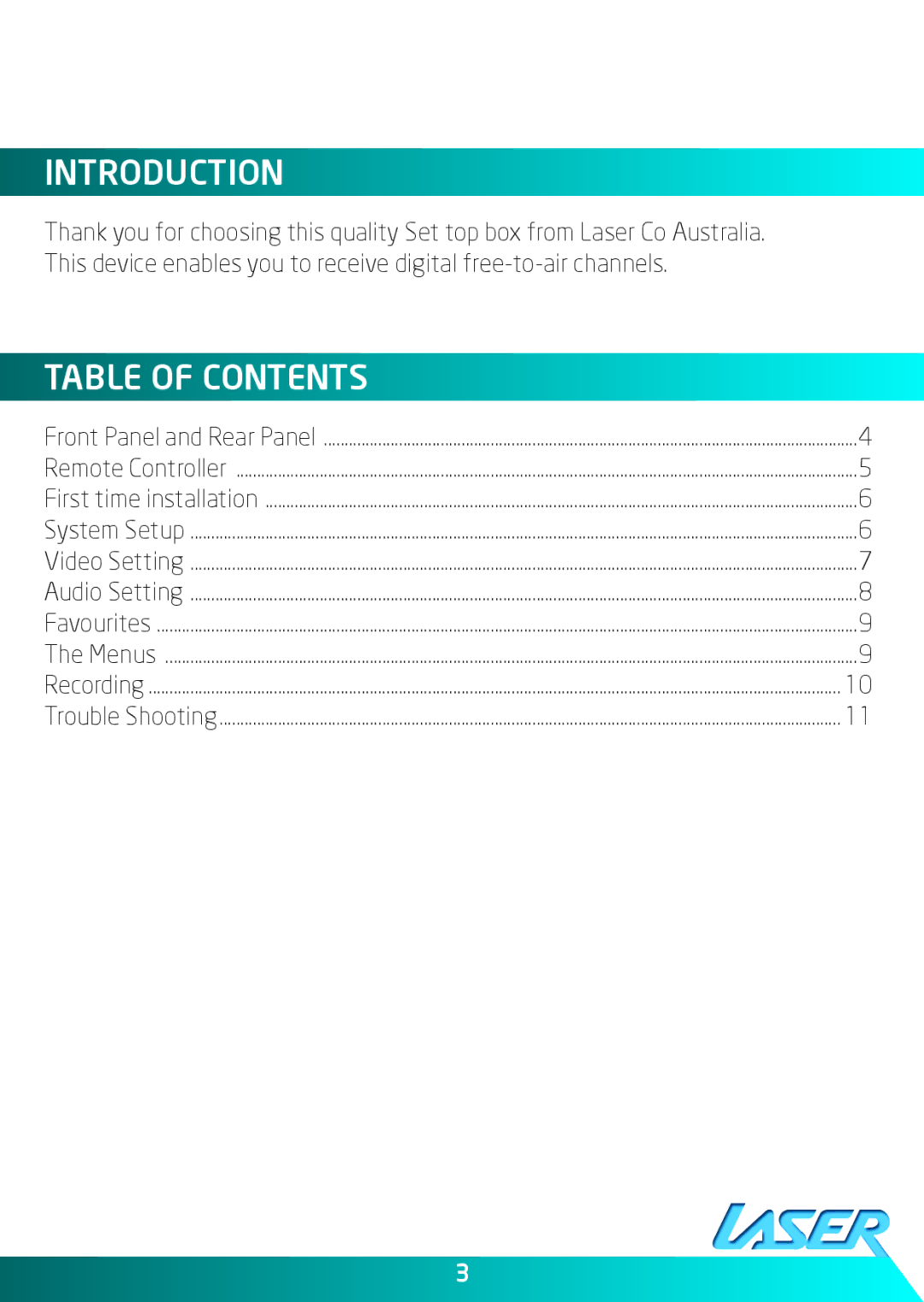 Laser STB-HDM2000 user manual Introduction, Table of Contents 