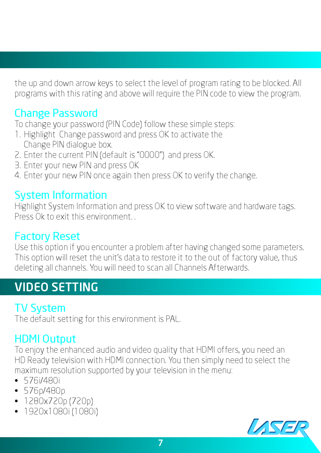 Laser STB-HDM2000 user manual Video Setting 