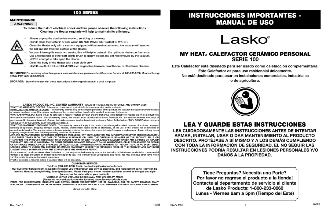 Lasko 100 manual Maintenance, Customer Service 