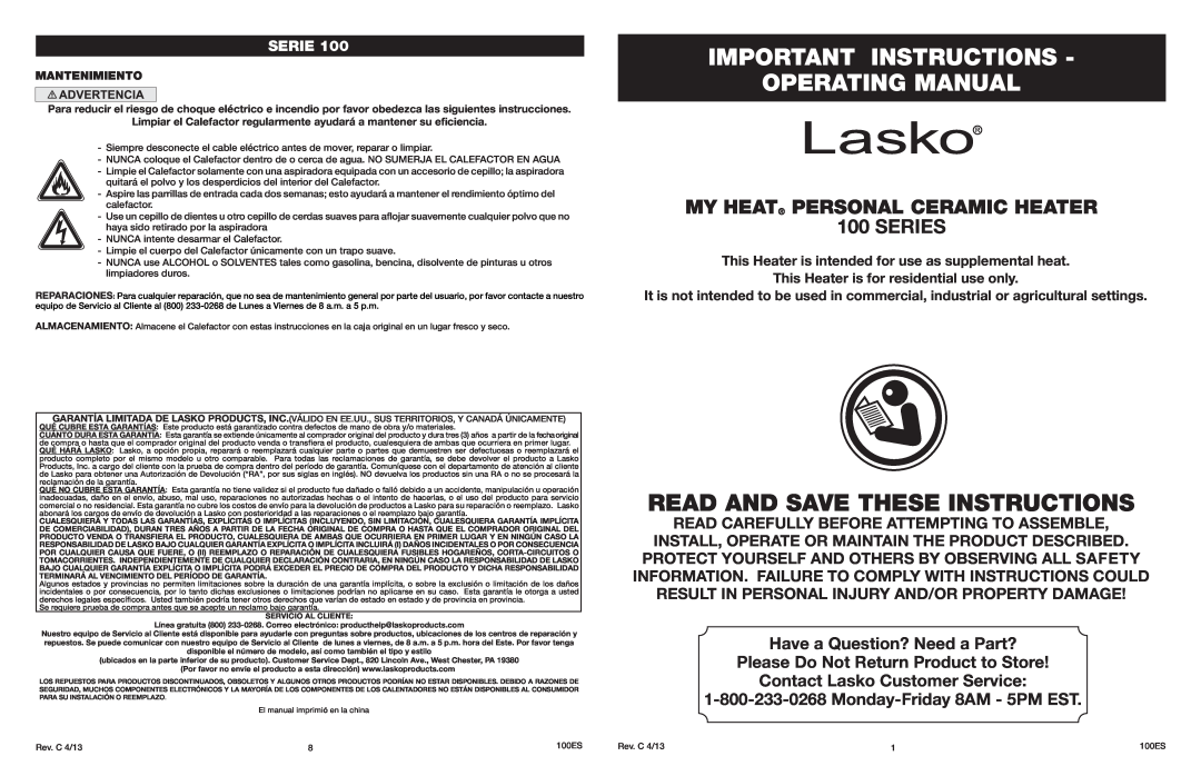 Lasko manual Important Instructions Operating Manual, MY HEAT PERSONAL CERAMIC HEATER 100 SERIES, Serie, Mantenimiento 