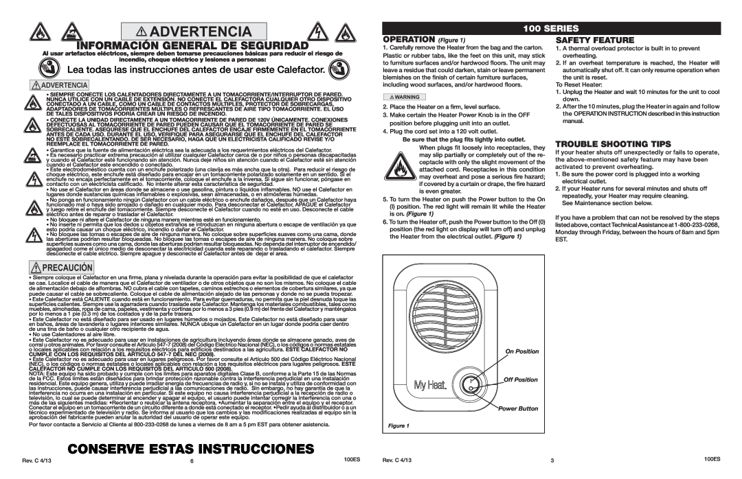 Lasko 100 manual Conserve Estas Instrucciones, Información General De Seguridad, Series, OPERATION Figure, Safety Feature 
