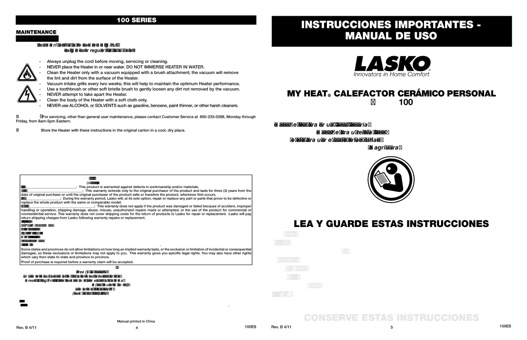 Lasko 102, 103 manual Maintenance, Customer Service 