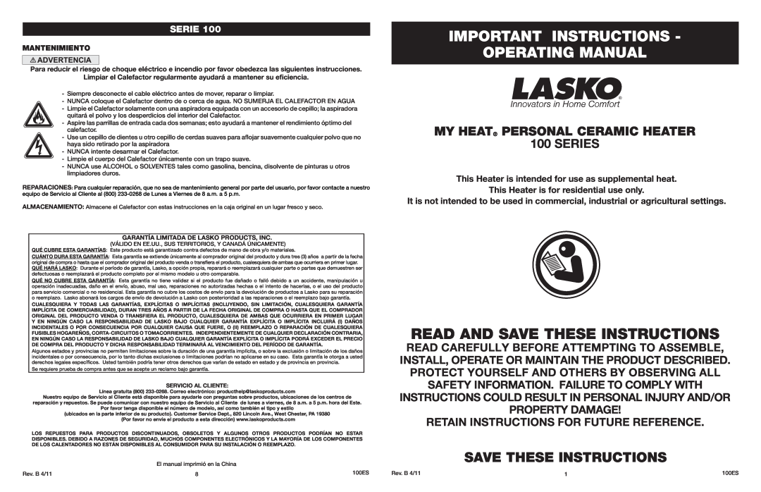 Lasko 103, 102 manual Important Instructions Operating Manual, Read And Save These Instructions, Serie, Mantenimiento 