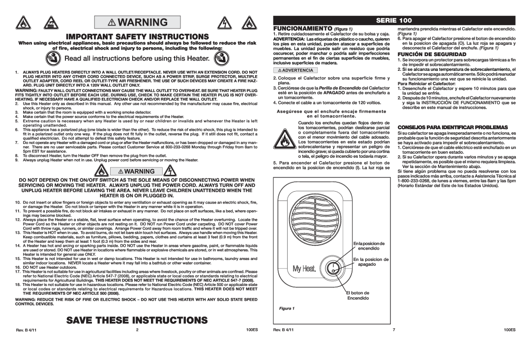 Lasko 102, 103 manual Save These Instructions, Read all instructions before using this Heater, Serie, FUNCIONAMIENTO Figura 