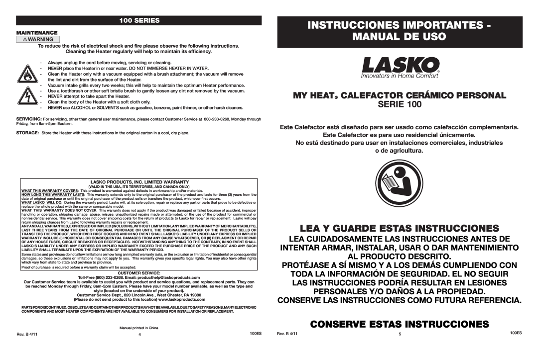 Lasko 102, 103 Instrucciones Importantes Manual De Uso, Lea Y Guarde Estas Instrucciones, Conserve Estas Instrucciones 