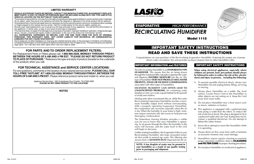 Lasko 1115 important safety instructions Recirculating Humidifier 