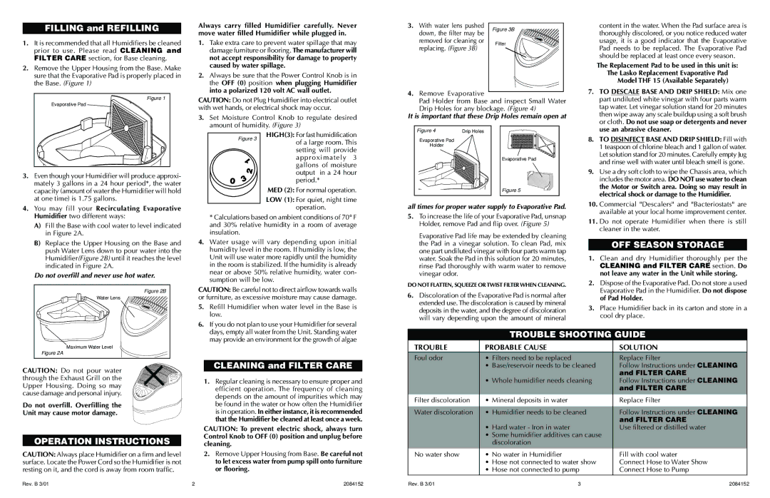 Lasko 1115 important safety instructions OFF Season Storage, Operation Instructions, Trouble Shooting Guide 