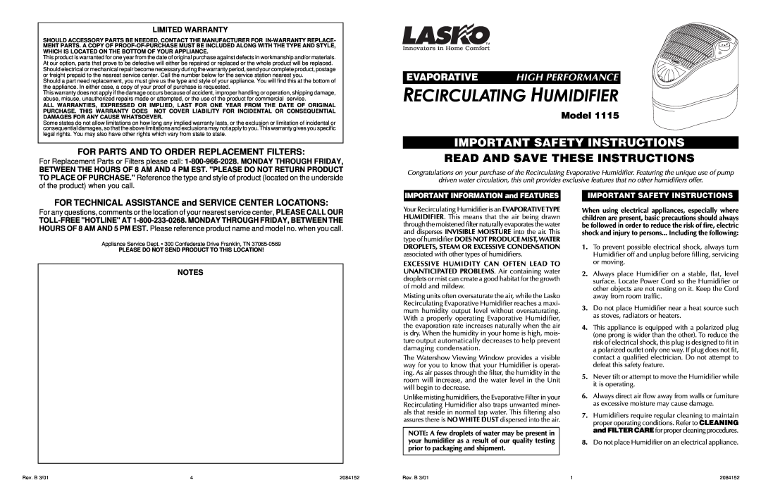 Lasko 1115 important safety instructions Limited Warranty, Recirculating Humidifier, Important Safety Instructions, Model 