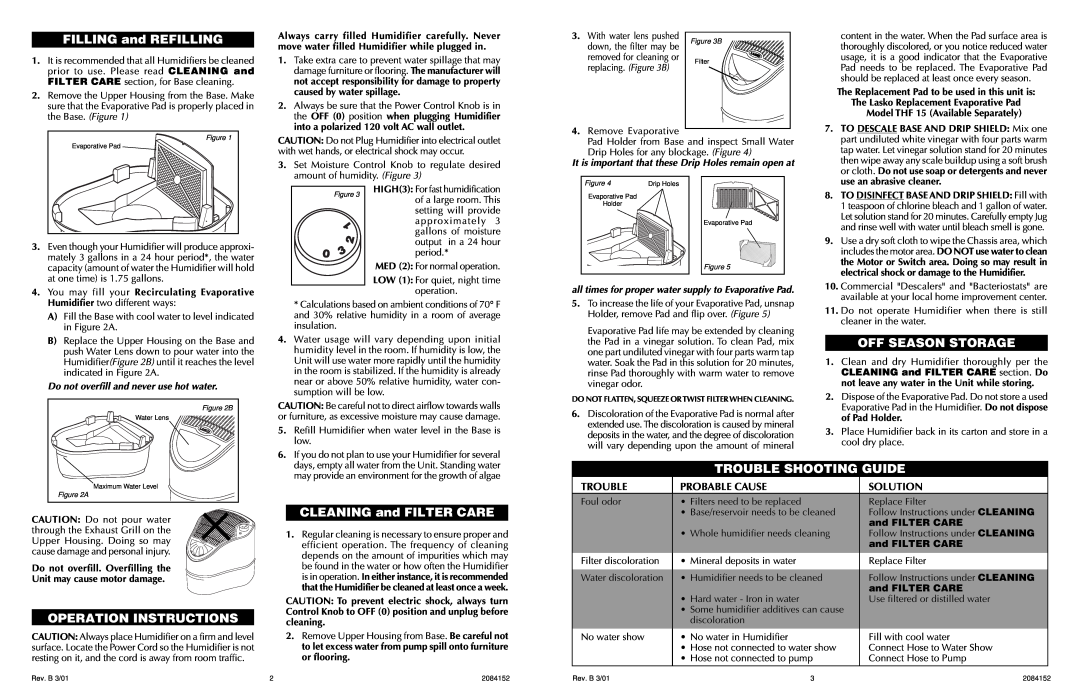 Lasko 1115 Trouble, Probable Cause, Solution, FILLING and REFILLING, Off Season Storage, Operation Instructions 