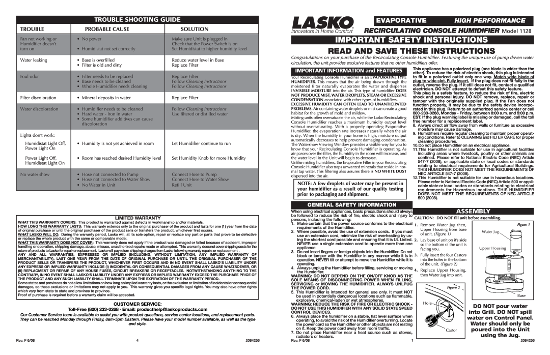 Lasko 1128 important safety instructions Trouble Shooting Guide, Assembly, Important Safety Instructions, Evaporative 
