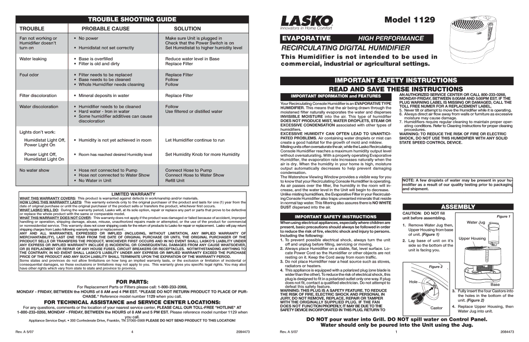 Lasko 1129 important safety instructions Trouble Shooting Guide, Assembly, Trouble Probable Cause Solution, For Parts 