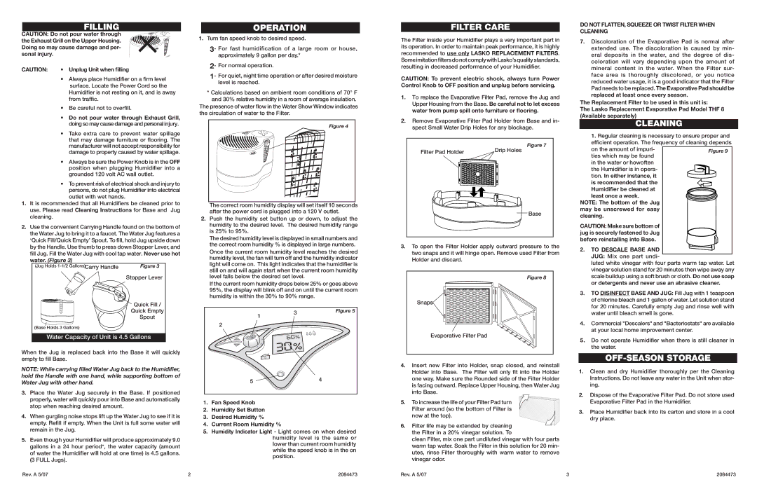 Lasko 1129 important safety instructions Filling, Operation, Filter Care, Cleaning, OFF-SEASON Storage 