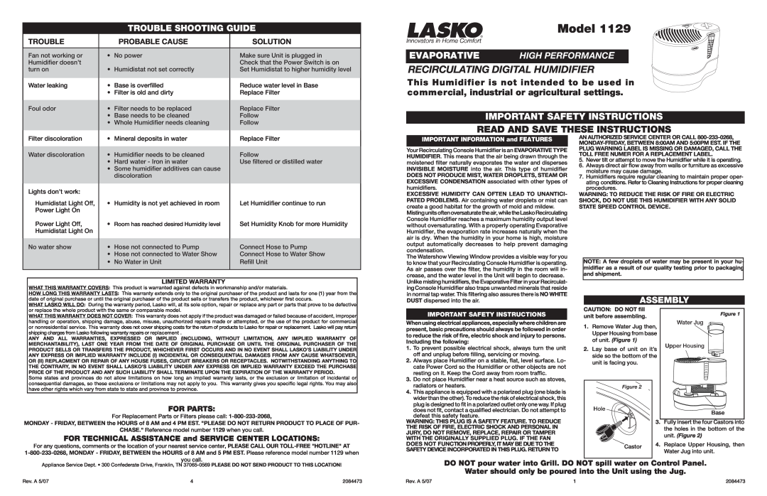 Lasko 1129 important safety instructions Model, Evaporative, Important Safety Instructions, Trouble Shooting, Guide 