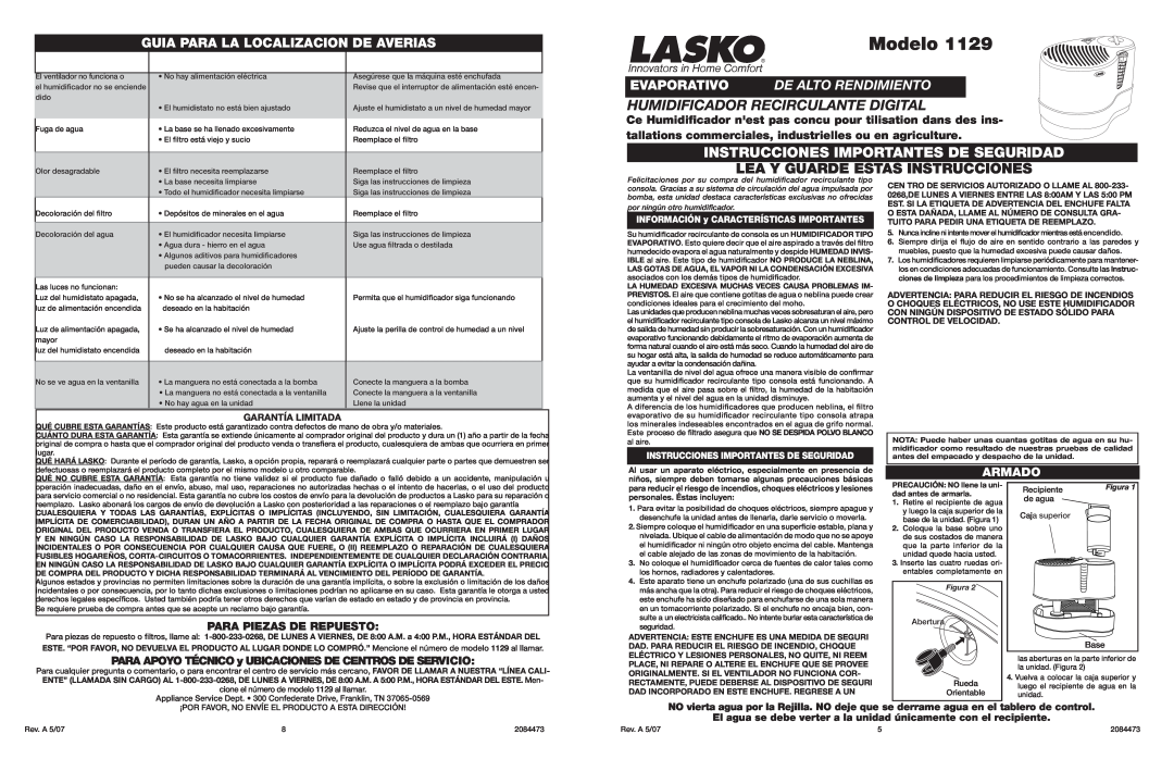 Lasko 1129 Modelo, Instrucciones Importantes De Seguridad, Lea Y Guarde Estas Instrucciones, De Averias, Garantía Limitada 