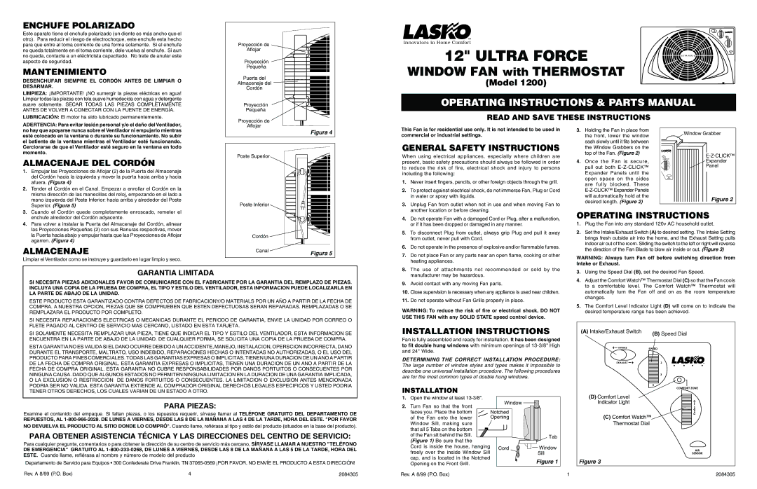 Lasko 1200 installation instructions Enchufe Polarizado, Mantenimiento, Almacenaje DEL Cordón, General Safety Instructions 