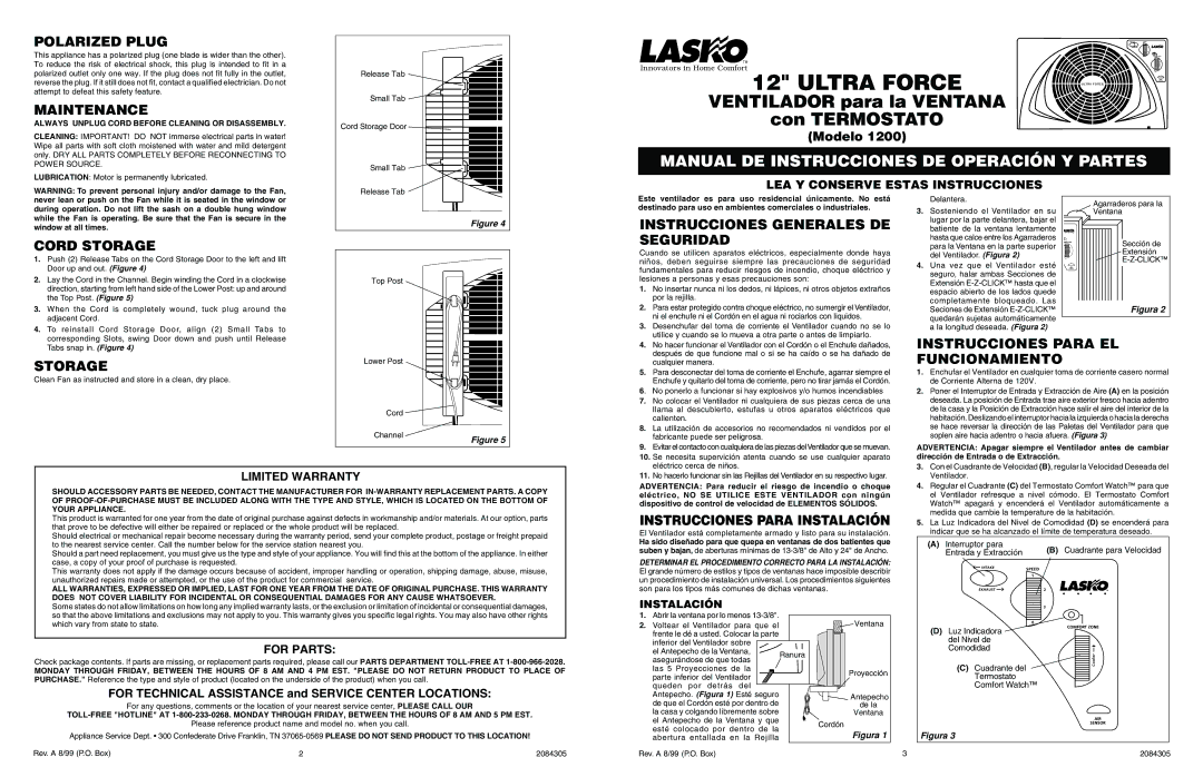 Lasko 1200 Polarized Plug, Maintenance, Cord Storage, Instrucciones Generales DE Seguridad, Instrucciones Para Instalación 