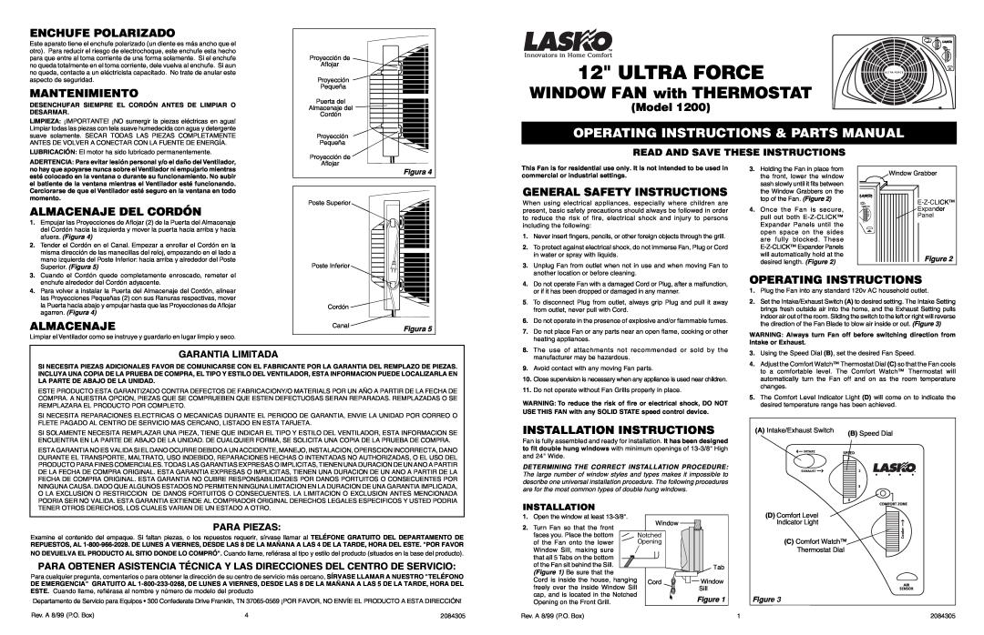 Lasko 1200 installation instructions Operating Instructions & Parts Manual, Enchufe Polarizado, Mantenimiento, Model 