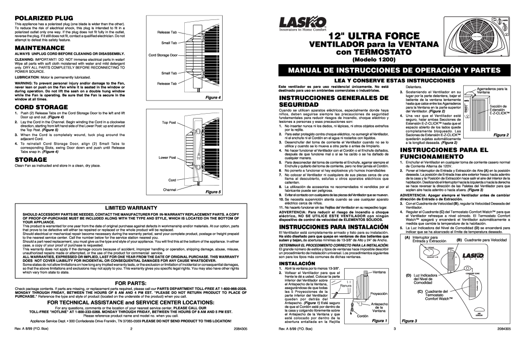 Lasko 1200 Manual De Instrucciones De Operación Y Partes, Polarized Plug, Maintenance, Cord Storage, Limited Warranty 