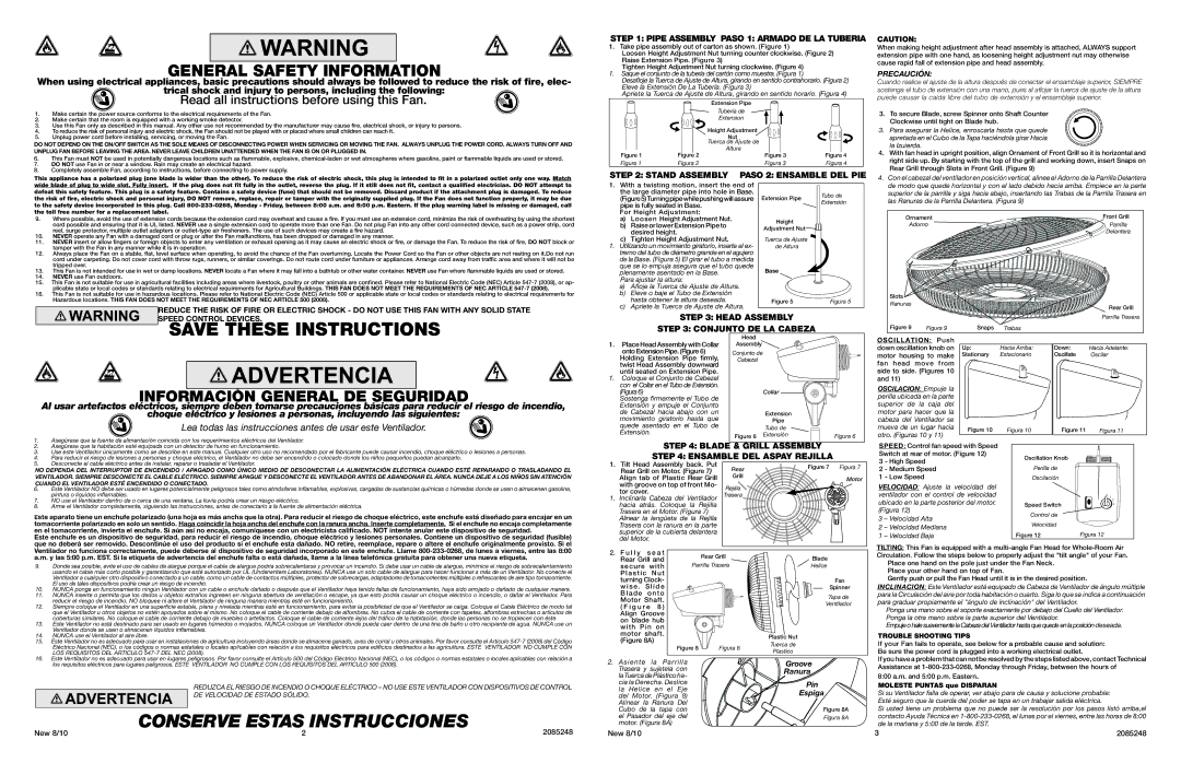 Lasko 1821 Pipe Assembly Paso 1 armado de la tuberia, Stand Assembly Paso 2 ensamble del pie, Trouble Shooting Tips 