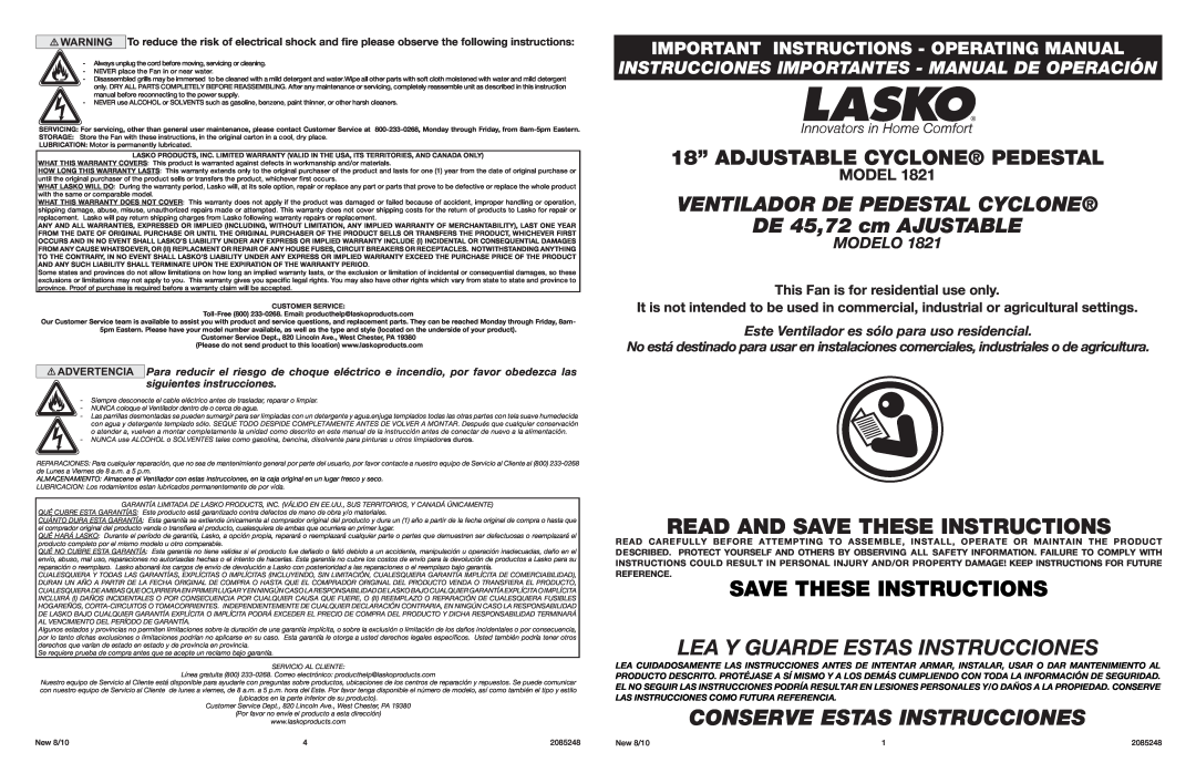 Lasko 1821 instruction manual New 8/10, 2085248, Customer Service 