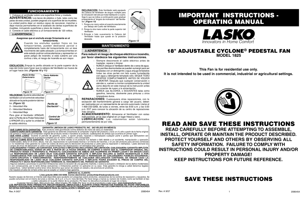 Lasko 1825 manual Funcionamiento, Perilla de Oscilación Control de Velocidad 