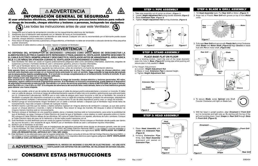 Lasko 1825 manual Pipe Assembly, Stand Assembly, Head Assembly, Blade & Grill Assembly 