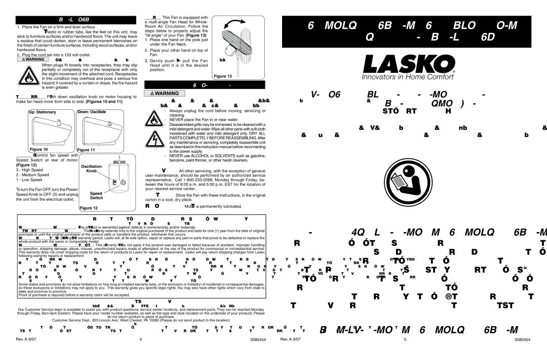 Lasko 1825 manual Operation, Maintenance 