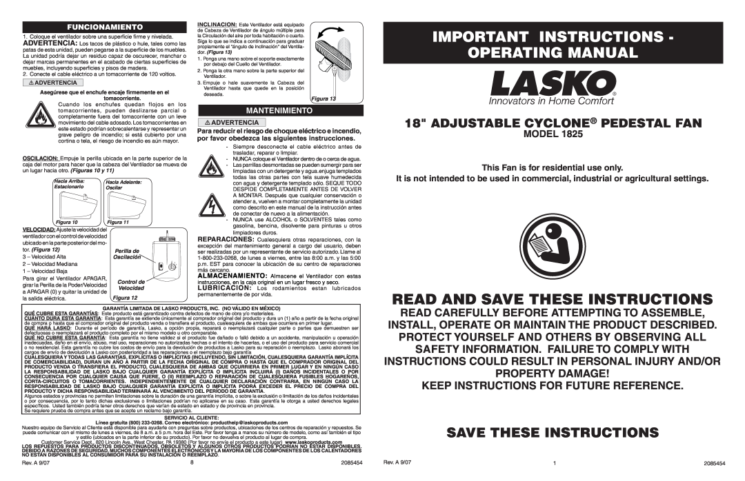 Lasko 1825 manual Important Instructions Operating Manual, Save These Instructions, Adjustable Cyclone Pedestal Fan, Model 