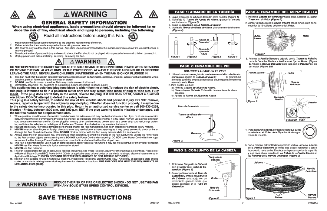 Lasko 1825 manual Save These Instructions, Read all instructions before using this Fan, PASO 1 ARMADO DE LA TUBERÍA 