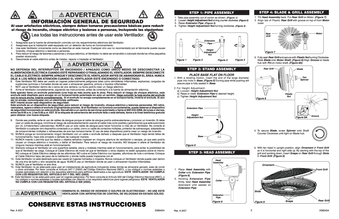 Lasko 1825 manual Conserve Estas Instrucciones, Lea todas las instrucciones antes de usar este Ventilador, Pipe Assembly 